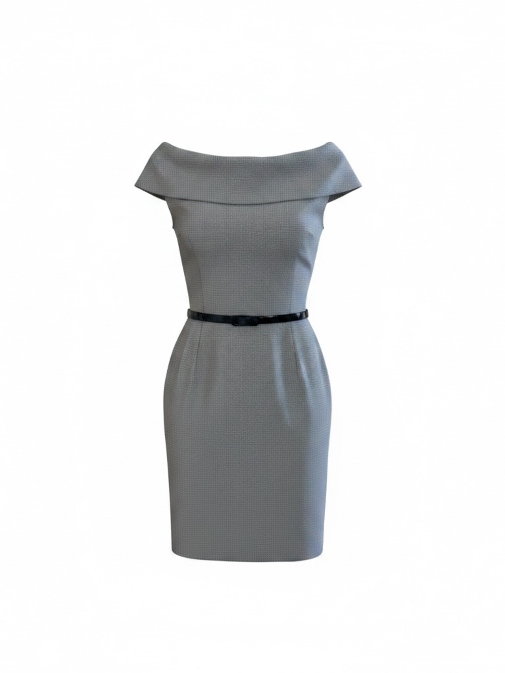 Tahari Off-Shoulder Sheath Midi Dress in Light Gray with Black Belt